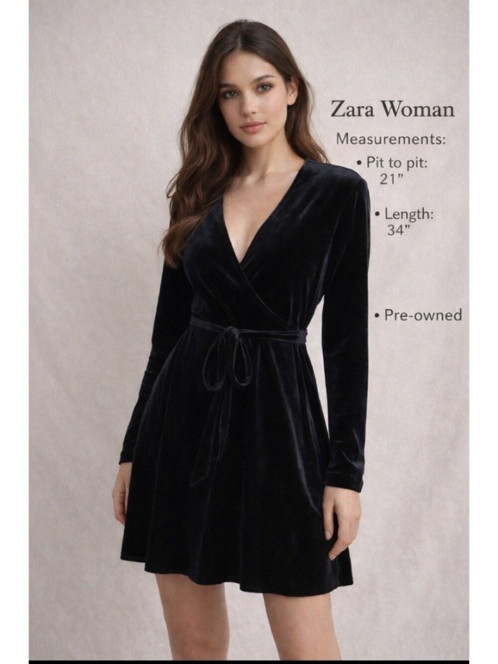 ZARA  Black Wrap Velvet Dress womens  M Long sleeve Mini Party
